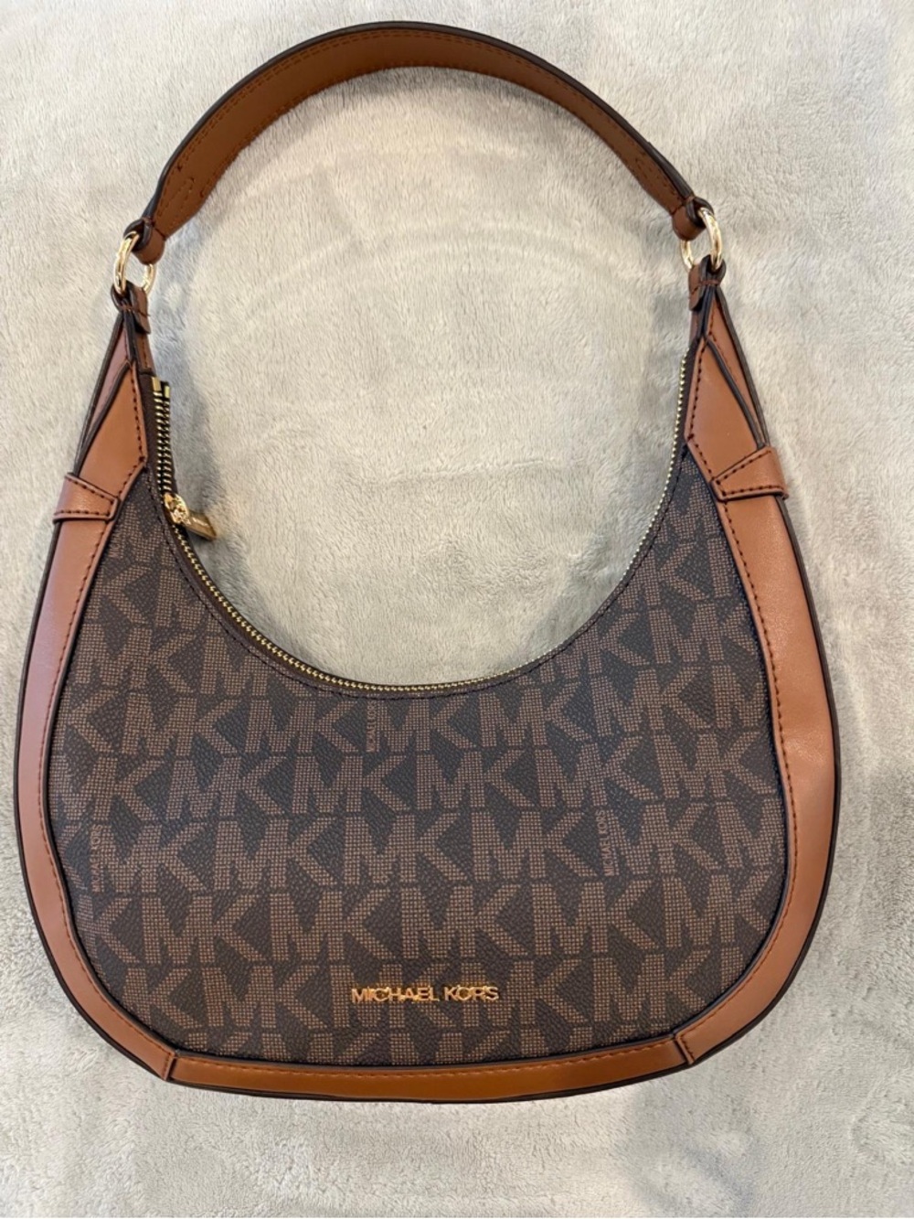 Michael Kors Brown MK Logo Crescent Shoulder Bag with Tan Trim